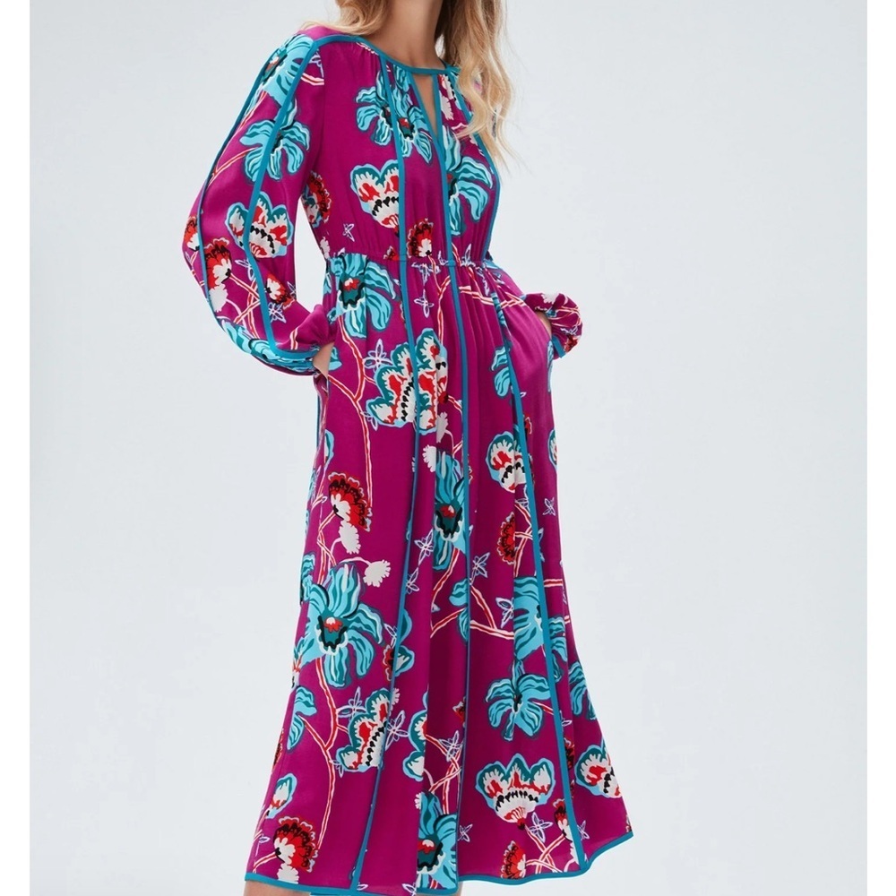 Diane Von Furstenberg Floral Long Sleeve Maxi Dress - Purple and Teal Size S - Picture 3 of 14